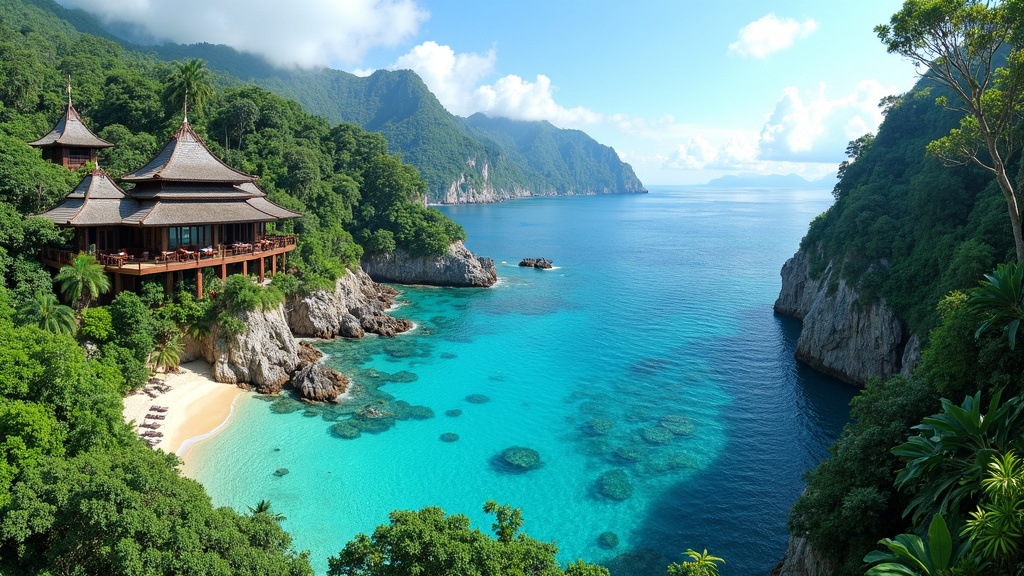 A panoramic shot of a stunning luxury resort overlooking turquoise waters, surrounded by lush tropical plants and dramatic coastal cliffs.